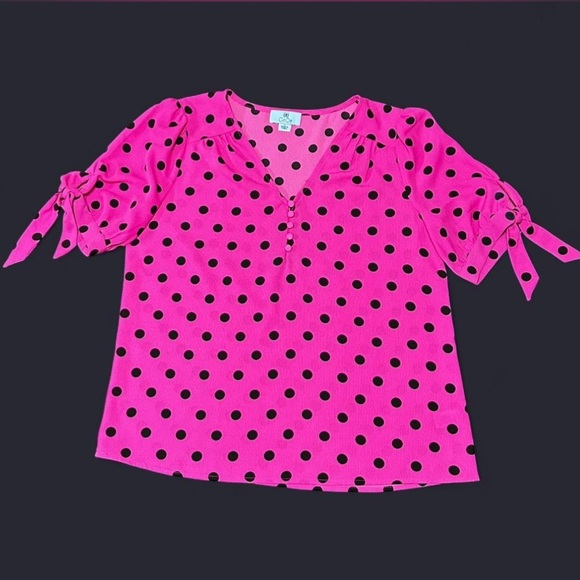 CeCe Tops - CeCe Hot Pink Polka Dot Tie-Sleeve Blouse
